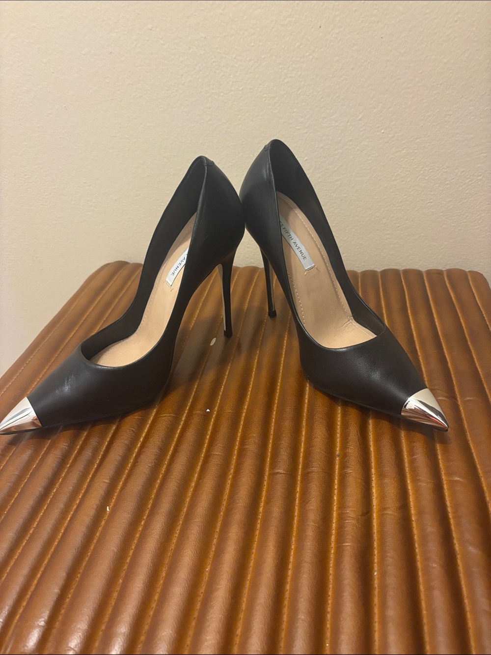 Saks Fifth Avenue Black Leather Pointed Stiletto Pumps with Silver Cap